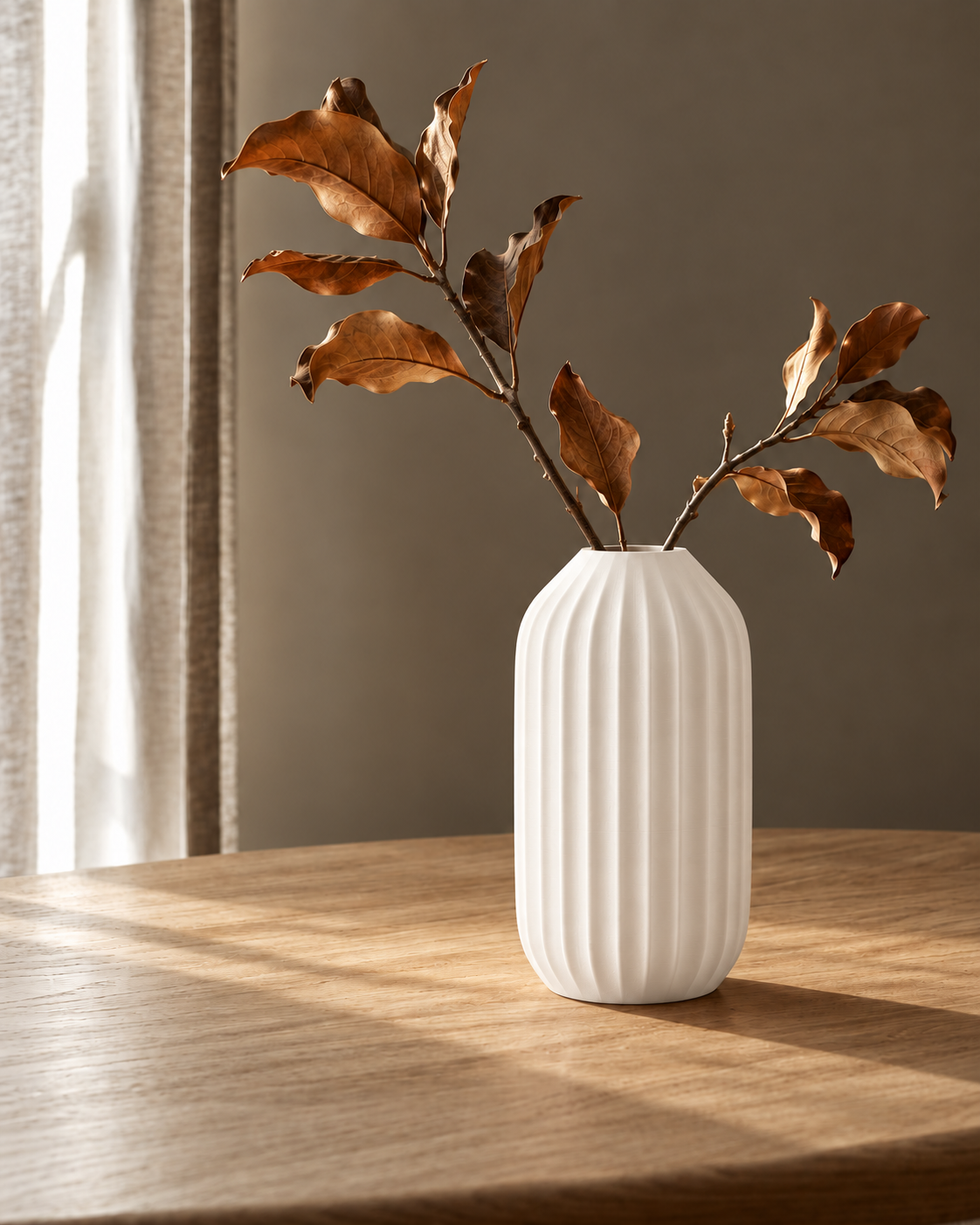 Marama tall pleated vase in Ivory White, with dried stems, soft window light, LAYR, made in New Zealand