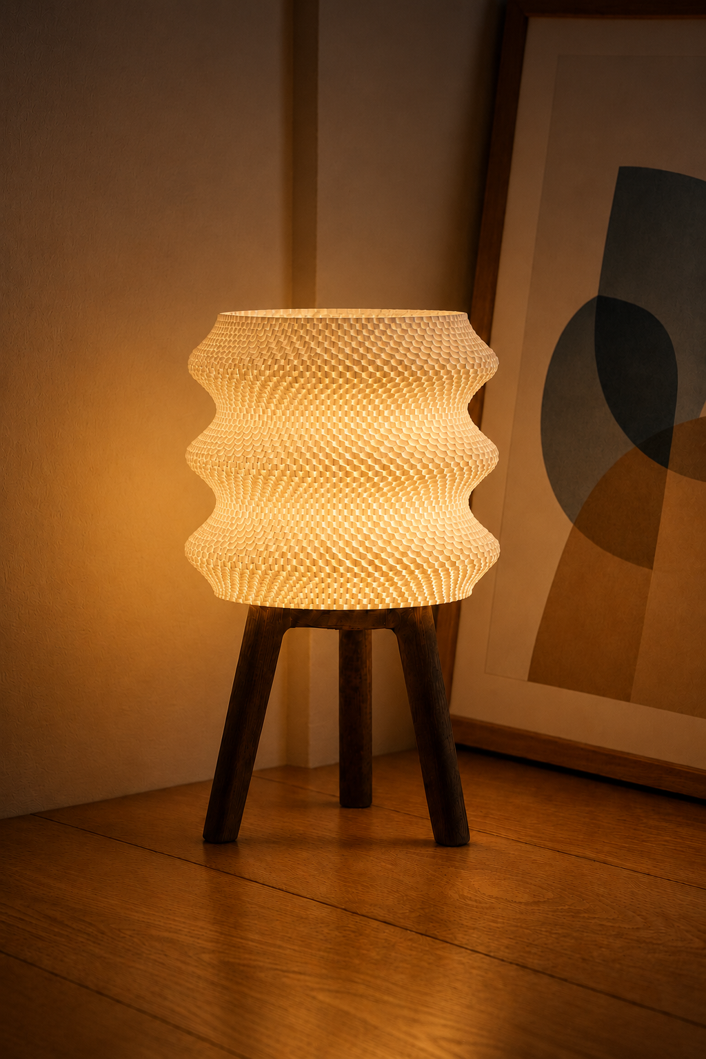 Ngaru table lamp glowing at night, floor geometric art print, LAYR, made in New Zealand