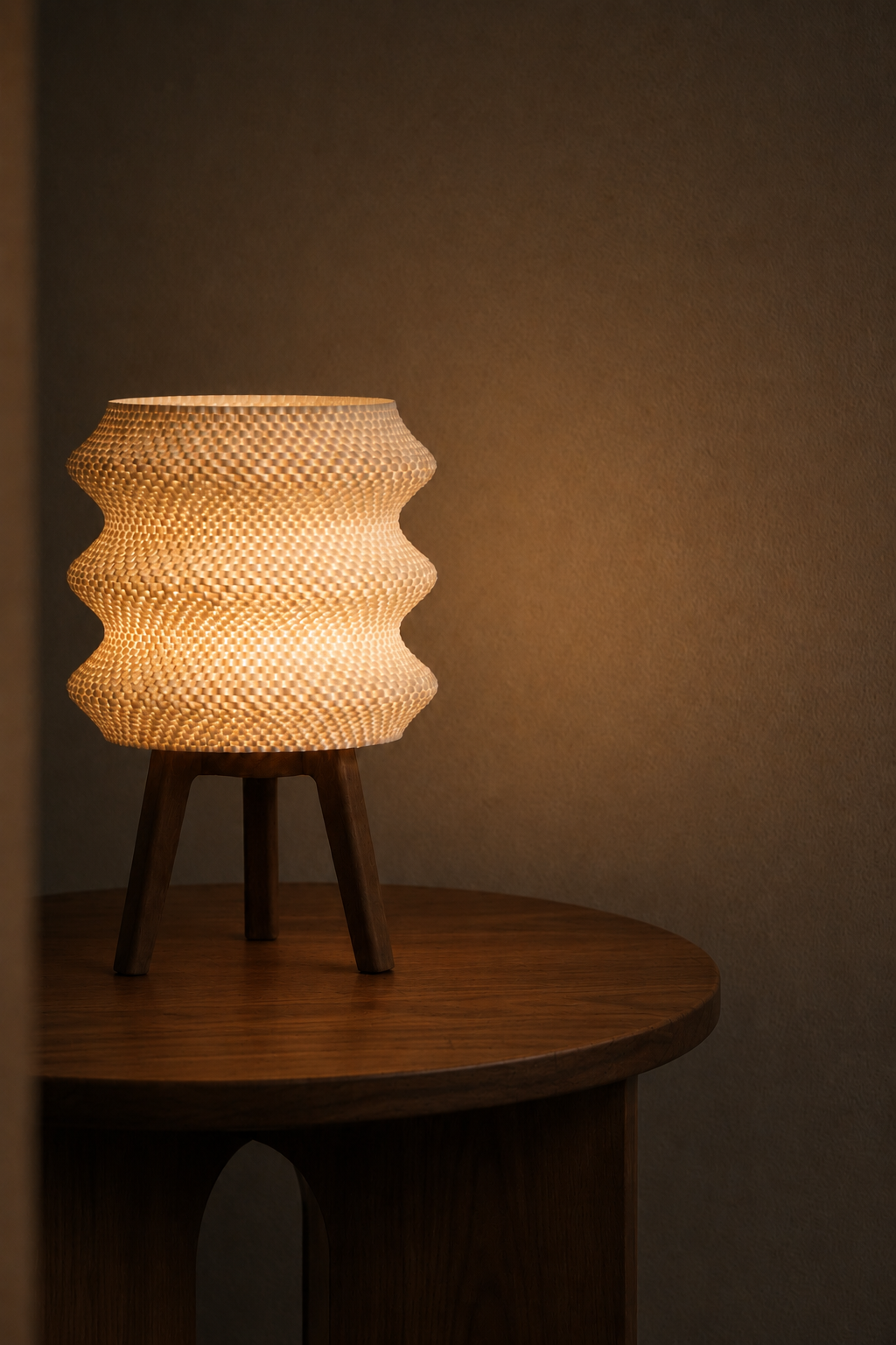 Ngaru table lamp glowing at night, round side table arch detail, LAYR, made in New Zealand