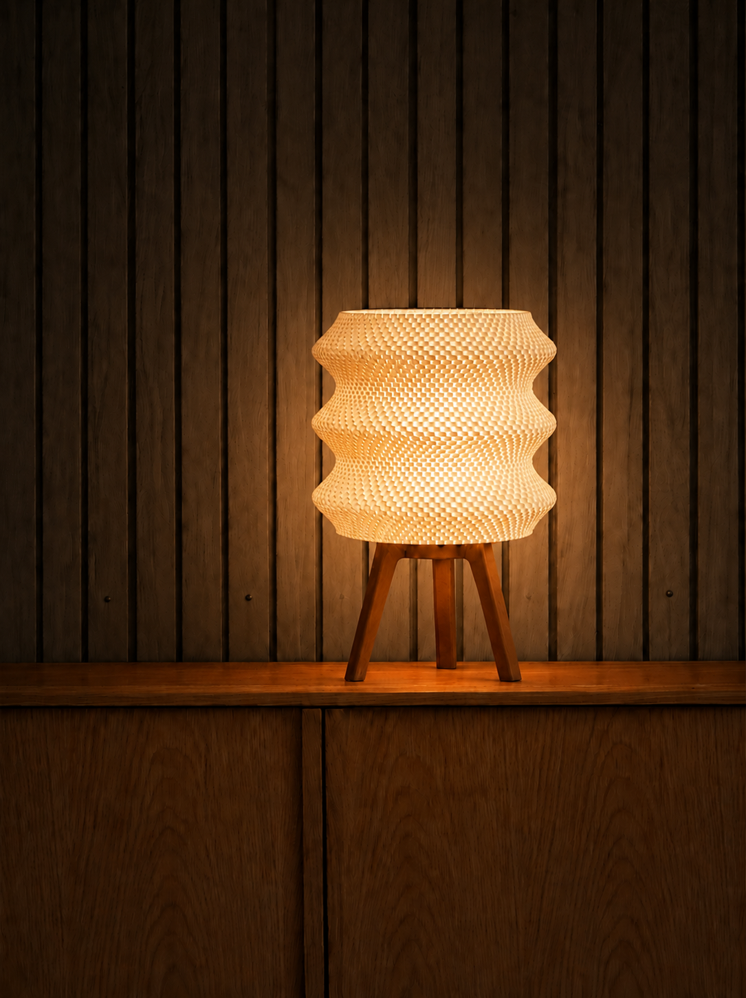 Ngaru table lamp glowing at night, sideboard grey slat wall, LAYR, made in New Zealand