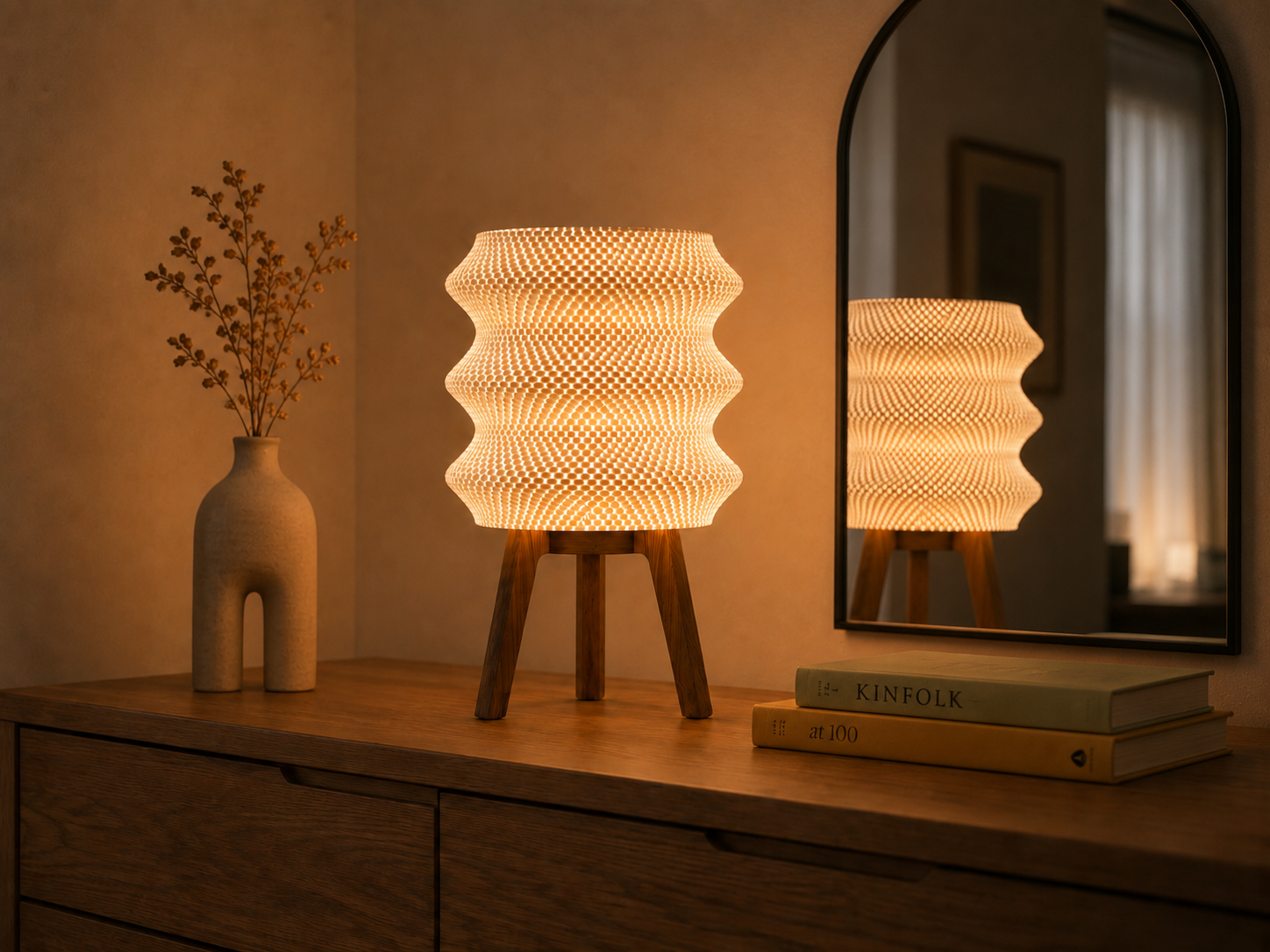 Ngaru table lamp glowing at night, two lamps sideboard vase mirror, LAYR, made in New Zealand