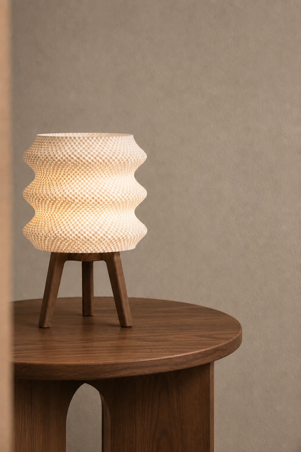 Ngaru table lamp, round side table arch detail, LAYR, made in New Zealand