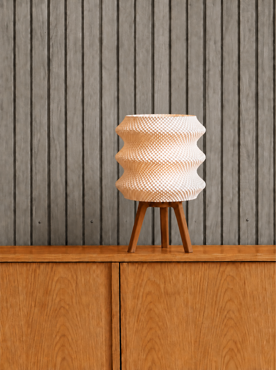 Ngaru table lamp, sideboard grey slat wall, LAYR, made in New Zealand