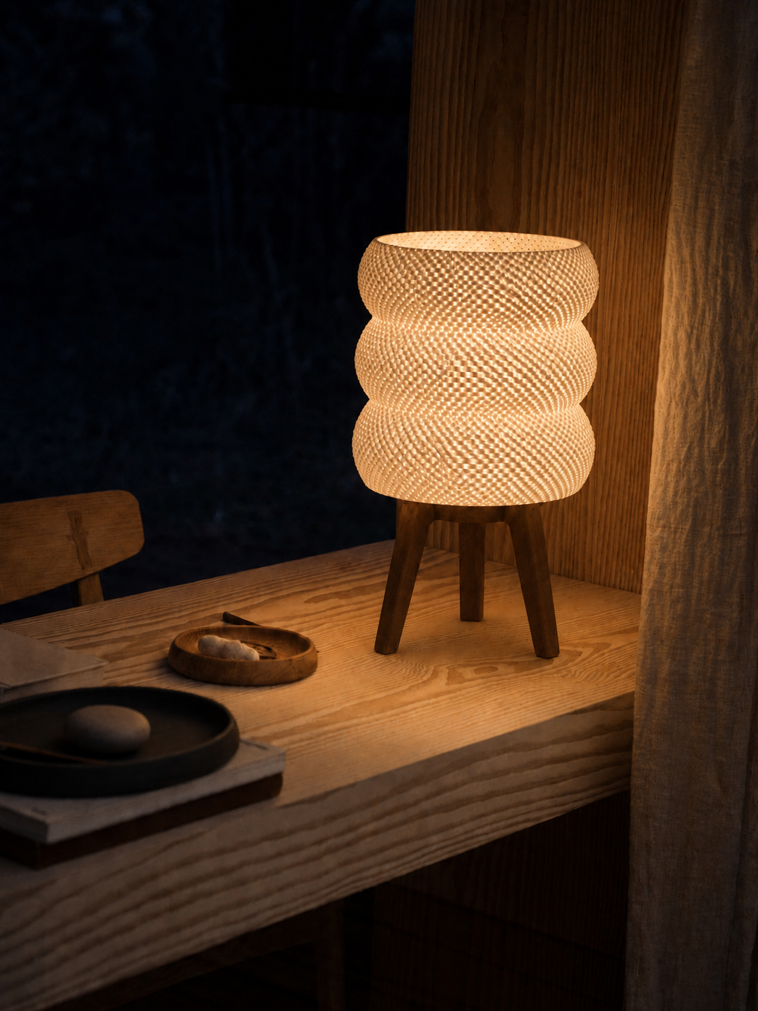Tai table lamp glowing at night, desk tray window garden, LAYR, made in New Zealand