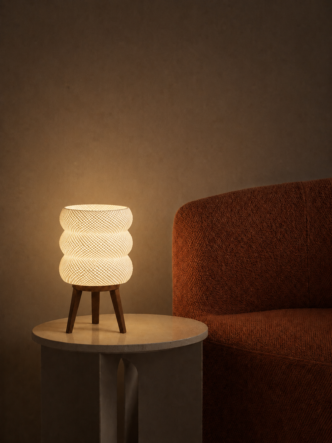 Tai table lamp glowing at night, side table terracotta armchair, LAYR, made in New Zealand