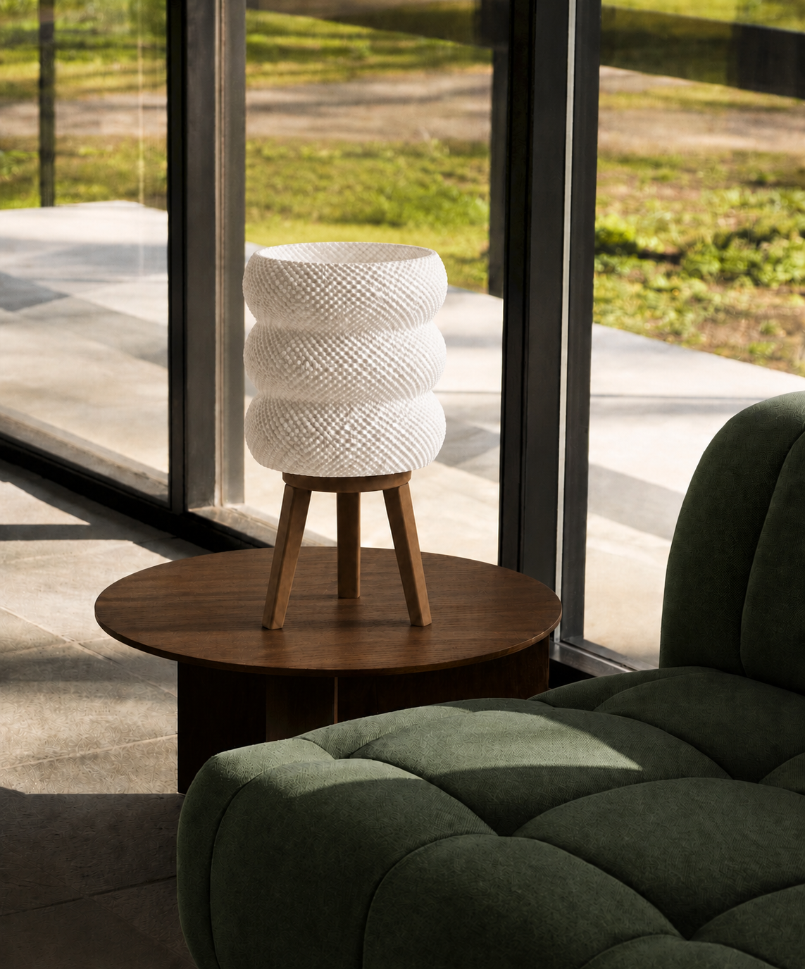 Tai table lamp, round table green sofa floor window, LAYR, made in New Zealand