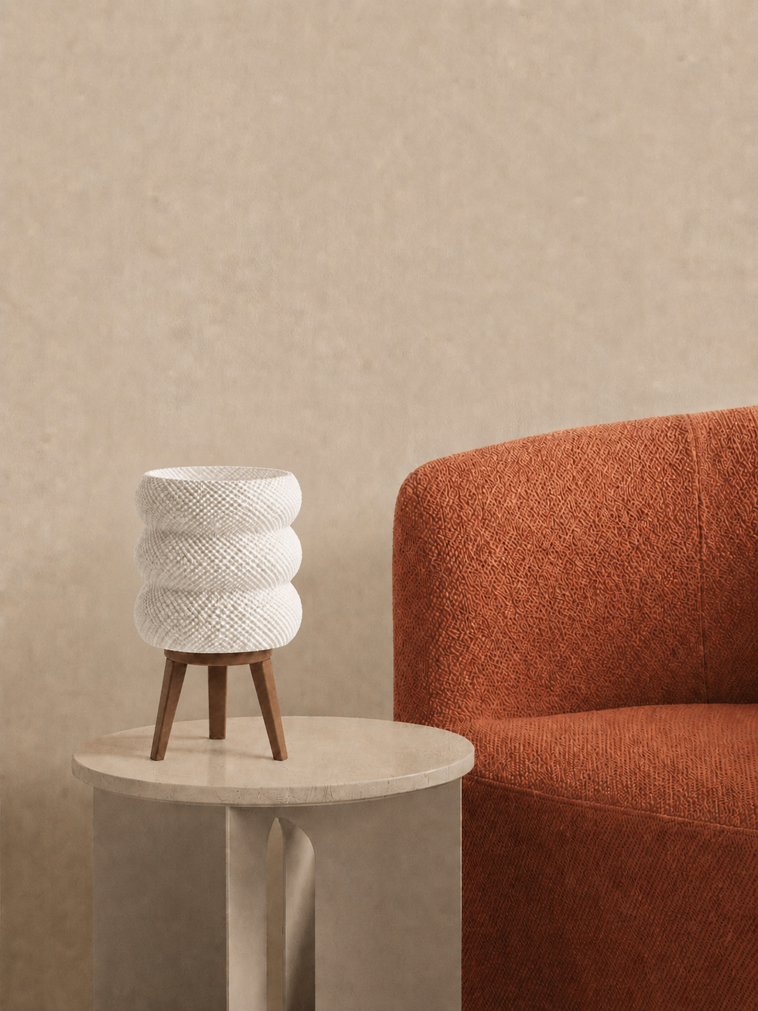 Tai table lamp, side table terracotta armchair, LAYR, made in New Zealand